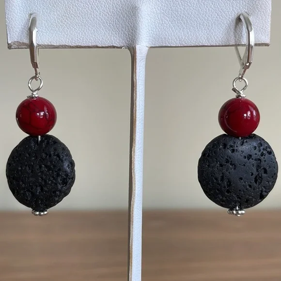 HAND CRAFTED LAVA ROCK EARRINGS Black Lava Rock “Coins” Red Glass Beads - Picture 6 of 12